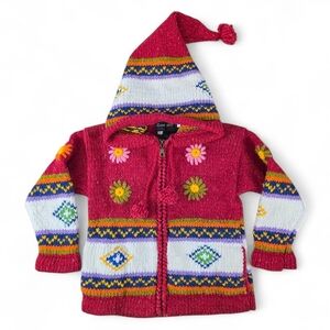 Invisible World Kids Handmade Wool Cotton Hooded Sweater Jacket Size 4 Floral